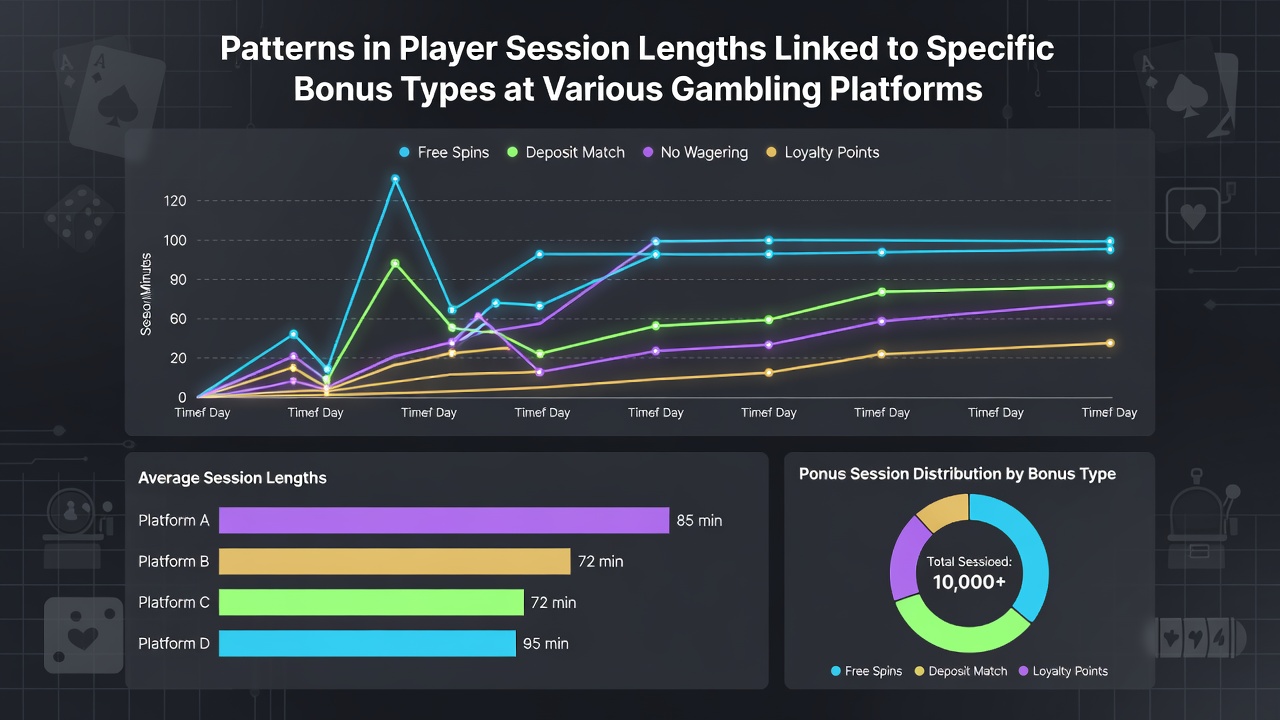 Infographic comparing session length data across welcome bonuses, free spins, and cashback offers on gambling platforms